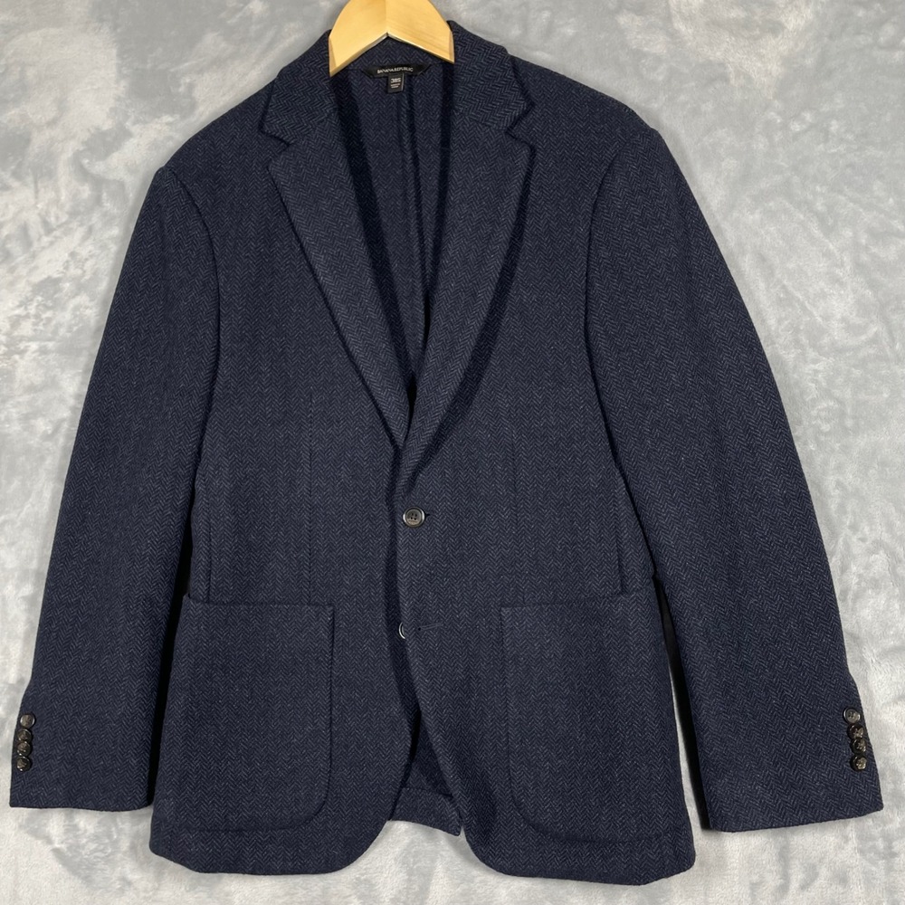 Banana Republic Mens 38S Blazer Navy Blue Herringbone Mario Bellucci Wool Slim - Picture 2 of 14